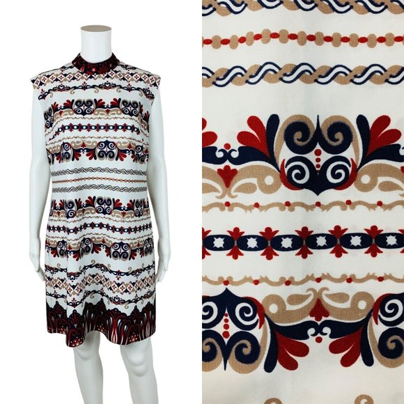 Vintage Dresses & Skirts - Vintage 1960s Striped Filigree Dress Maroon Navy Shift | B 41"